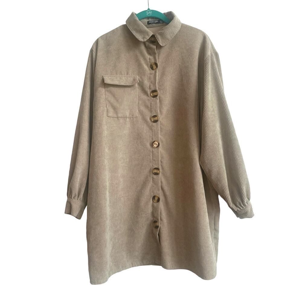 Nasty Gal Beige Corduroy Collar Button Up Oversized Shacket with Front Pocket